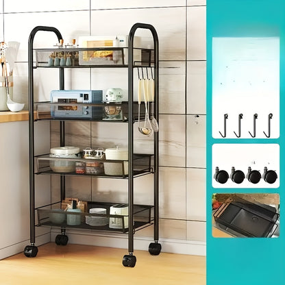 Scaffale Multifunzionale in Metallo a Tre/Quattro Livelli con Ruote, Scaffale Resistente Nero, Ideale per Garage e Cucina, Grande Capacità, Facile da Montare, Scaffale e Armadio per Cucina, Pratico e Funzionale, Perfetto per Cucina e Dispensa, Cestelli pe