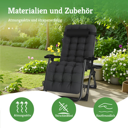 Poltrona Lounge Oversize a Gravità Zero, 72 cm Extra Larga, Reclinabile Pieghevole e Regolabile, Capacità 500 libbre/200 kg, Cuscino Morbido in Cotone Staccabile con Poggiatesta, Portabicchieri, Nero Grigio, per Giardino, Terrazza, Balcone, Patio Esterno