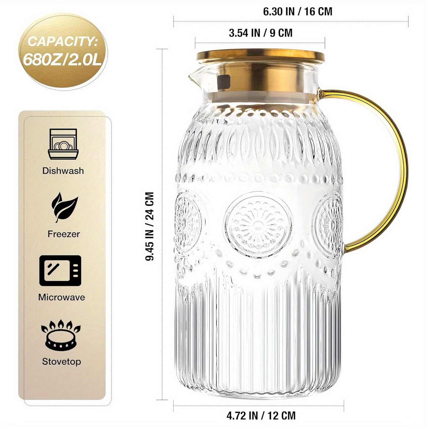 Bandesun 1/2 pezzi Caraffa in vetro con coperchio, 68Oz/2 Litri Caraffa d'acqua vintage, Caraffa in vetro per infusione a freddo, caffè, limonata, tè freddo, bevanda, brocca in vetro resistente al calore, caraffa per servire bevande, distributore di bevan