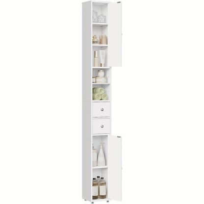 1pezzo Armadio da Bagno, Armadio da Bagno Stretto e Alto con Cassetti, Compartimenti per Mobili da Bagno, Ripiani Regolabili, Porte, Bianco, MDF, 20 x 180 x 20 cm