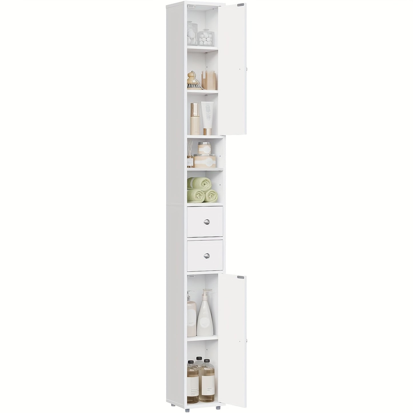 1pezzo Armadio da Bagno, Armadio da Bagno Stretto e Alto con Cassetti, Compartimenti per Mobili da Bagno, Ripiani Regolabili, Porte, Bianco, MDF, 20 x 180 x 20 cm