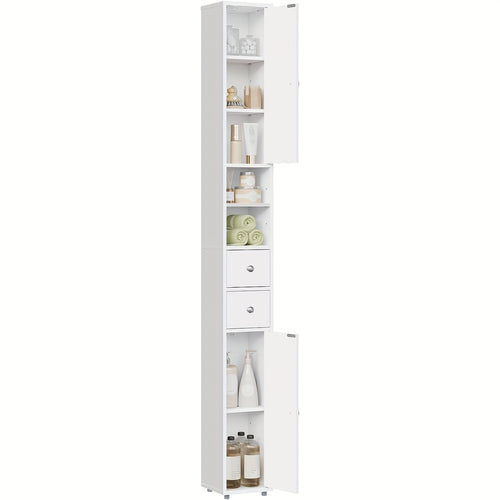 1pezzo Armadio da Bagno, Armadio da Bagno Stretto e Alto con Cassetti, Compartimenti per Mobili da Bagno, Ripiani Regolabili, Porte, Bianco, MDF, 20 x 180 x 20 cm