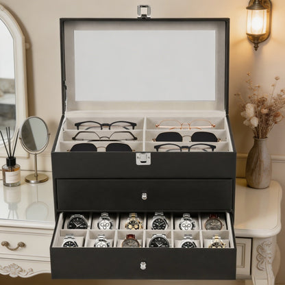 Scatola portaocchiali e orologi a 3 strati con 24 scomparti, custodia organizzatrice per occhiali da vista alla moda per donna e uomo - Portaocchiali portaoggetti multiplo con cassetto, coperchio in vetro e passante per esterni