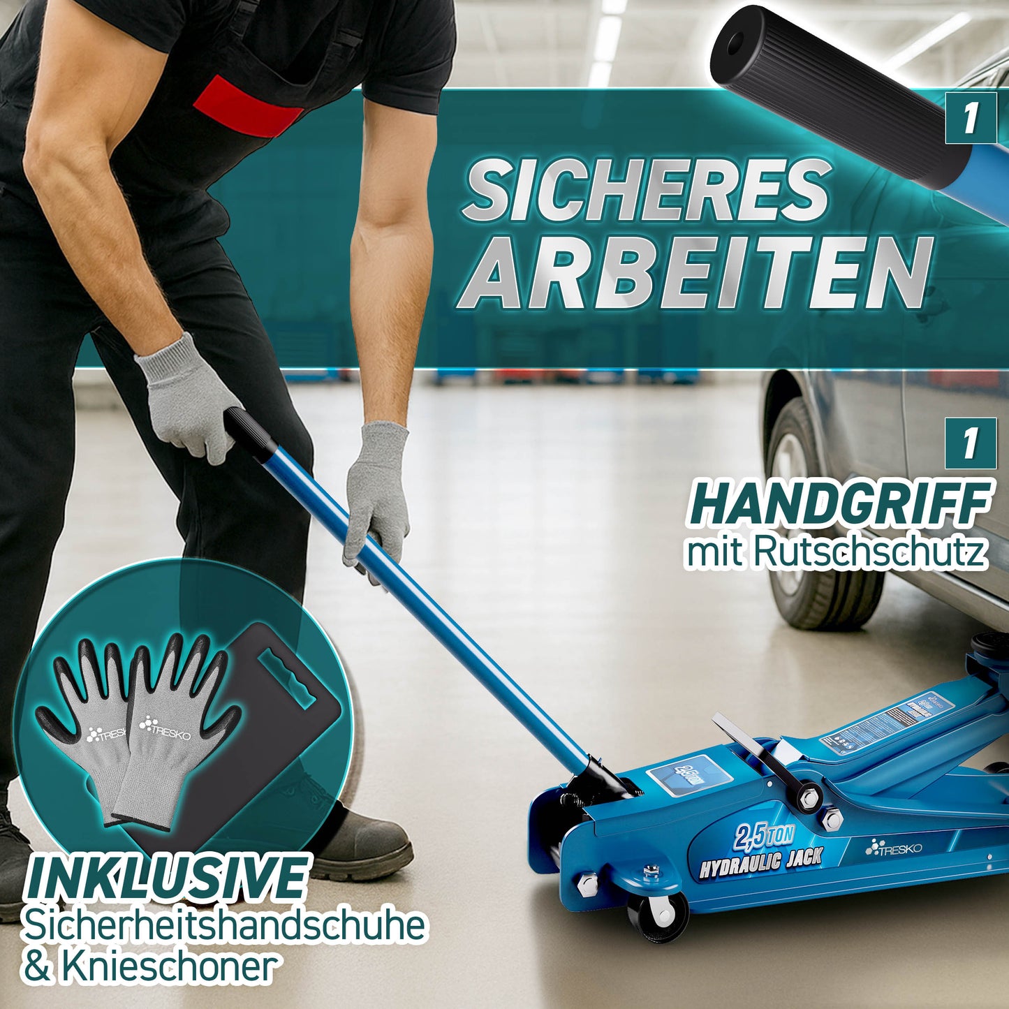 Cric idraulico per auto TRESKO® 2.5 - 3T | Cric idraulico per spostamento auto e SUV con ruote piane e a 360°, include 2 guarnizioni in gomma, tappetino protettivo, guanti