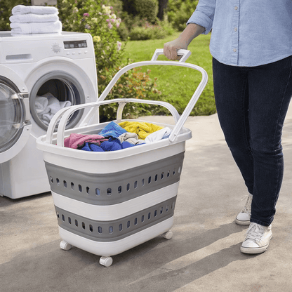 Cesto per il bucato retrattile e pieghevole con ruote - 45 litri - Bianco Grigio