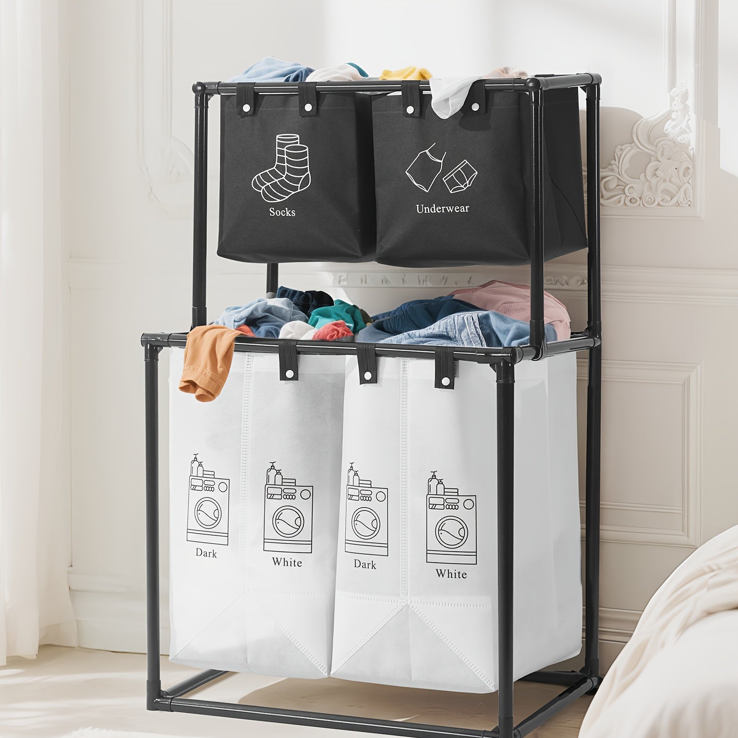 Cesto portabiancheria pieghevole a doppio strato con 4 sacche rimovibili, cestello multifunzionale salvaspazio, materiale resistente, design pieghevole, facile installazione, cesto per la biancheria, design nero moderno, adatto per camera da letto, bagno