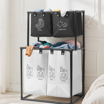 Cesto portabiancheria pieghevole a doppio strato con 4 sacche rimovibili, cestello multifunzionale salvaspazio, materiale resistente, design pieghevole, facile installazione, cesto per la biancheria, design nero moderno, adatto per camera da letto, bagno