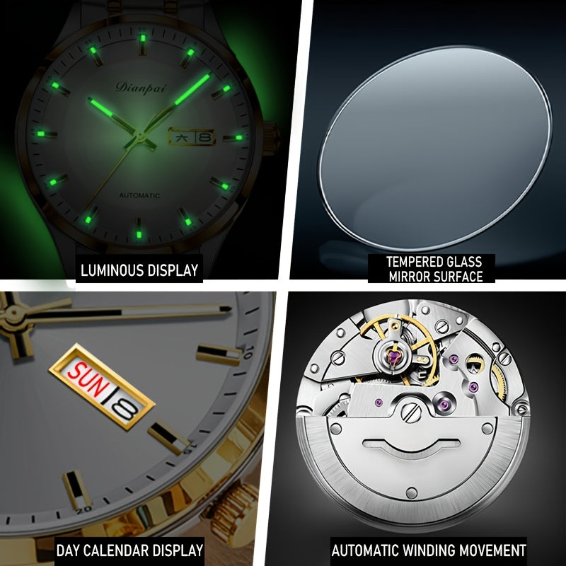 Un orologio da uomo tradizionale e sofisticato con calendario luminoso, realizzato con cinturino in acciaio inossidabile, ideale come regalo per uomo, l'orologio meccanico automatico Dianpai per affari, senza batteria.