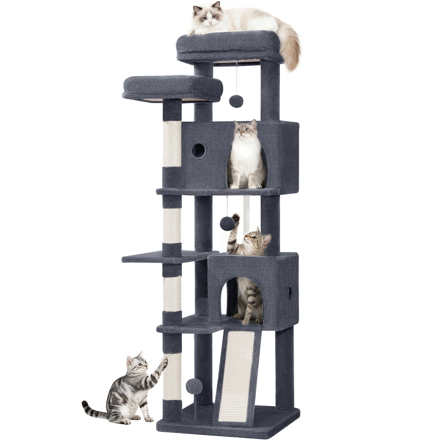 Grande Albero per Gatti, 152cm Tiragraffi, Robusto Albero per Gatti Grandi con Tiragraffi in Sisal, Tavola per Graffiare, 2 Comode Casetta per Gatti, 2 Piattaforme, Pompon, Area Riposo