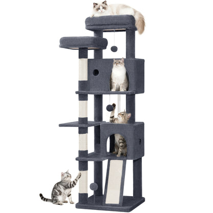 Grande Albero per Gatti, 152cm Tiragraffi, Robusto Albero per Gatti Grandi con Tiragraffi in Sisal, Tavola per Graffiare, 2 Comode Casetta per Gatti, 2 Piattaforme, Pompon, Area Riposo