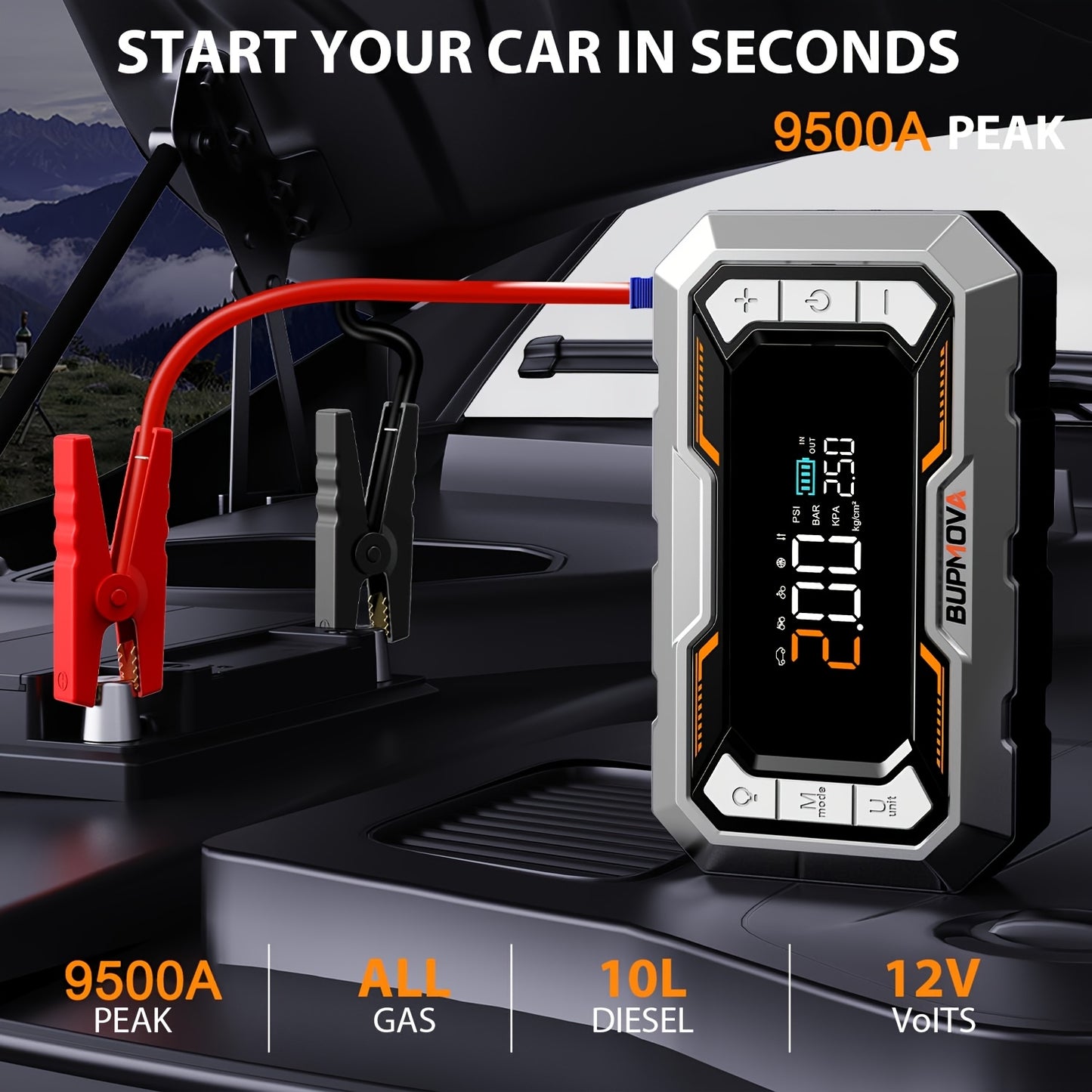 Avviatore di emergenza per auto 9500A con compressore d'aria, gonfiatore per pneumatici cordless, booster per batteria auto con power bank e torce a LED, scatola di avviamento automatico 12V per tutti i veicoli a benzina o diesel da 10.0L, doppia display
