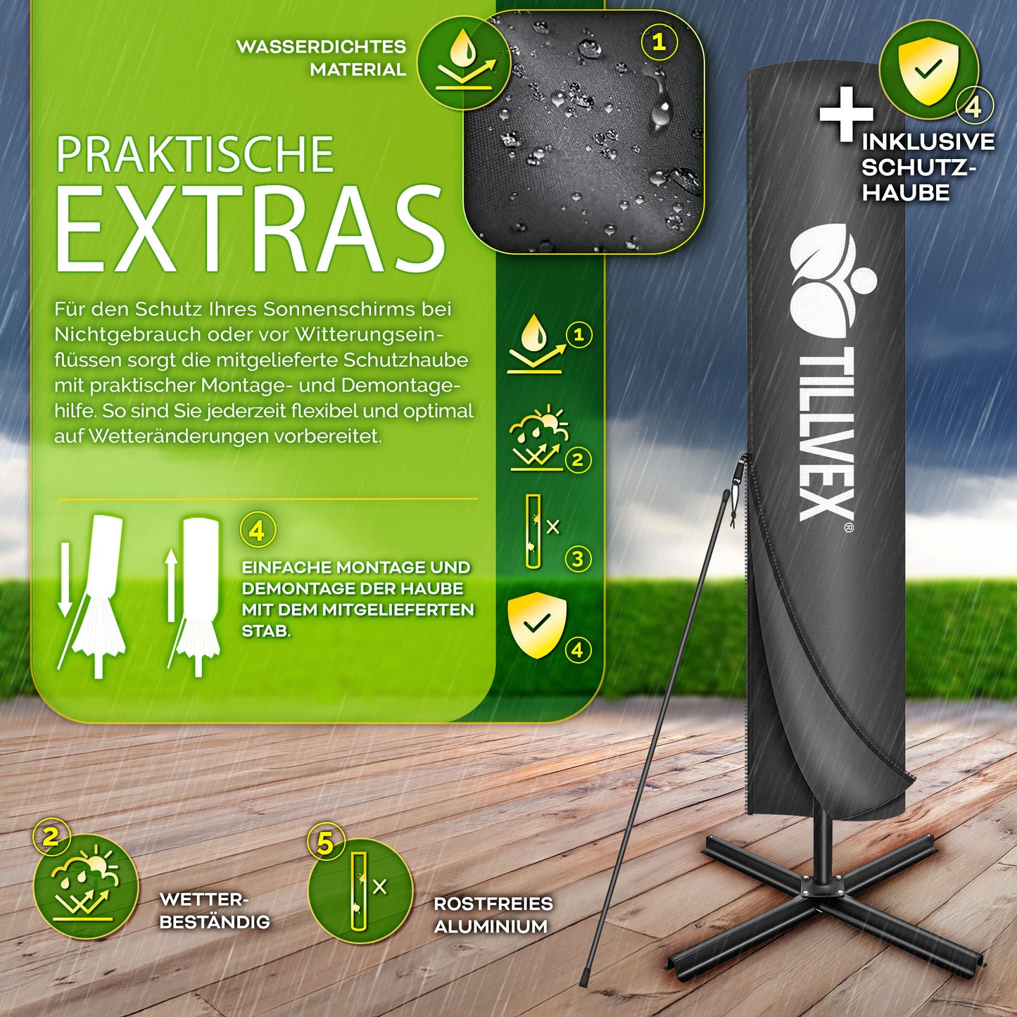 Tillvex® Tenda da Sole Rettangolare in Alluminio con LED Solare Ø 330 Cm + Copertura con Manovella | Ombrello Angolare con Luce Stradale, Supporto e Parabrezza | Grande Ombrello da Giardino in Alluminio con Protezione UV | Ombrello con Manovella, Ombrello