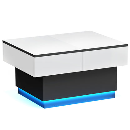 Tavolino da caffè bianco, Tavolino da salotto, Tavolino con 2 ripiani portaoggetti, 80x58x40 cm, Piano estendibile con striscia luminosa RGB, Mobile moderno per soggiorno, Sala riunioni