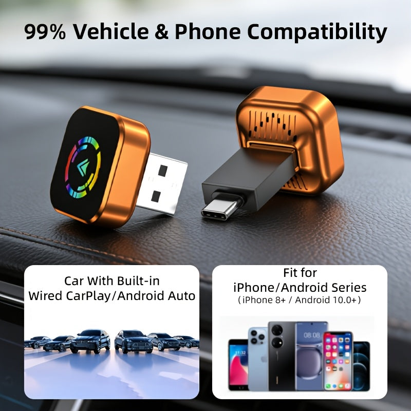Adattatore Wireless 2-in-1 per CarPlay & Android Auto | Plug & Play, Design Compatto per iPhone e Android, Porta USB/USB-C, Senza Batteria, Adattatore Wireless per CarPlay per Streaming Video - Trasforma CarPlay Cablato in Wireless, Connessione Automatica