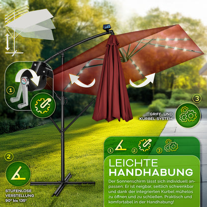 Tillvex® Tenda da Sole Rettangolare in Alluminio con LED Solare Ø 330 Cm + Copertura con Manovella | Ombrello Angolare con Luce Stradale, Supporto e Parabrezza | Grande Ombrello da Giardino in Alluminio con Protezione UV | Ombrello con Manovella, Ombrello