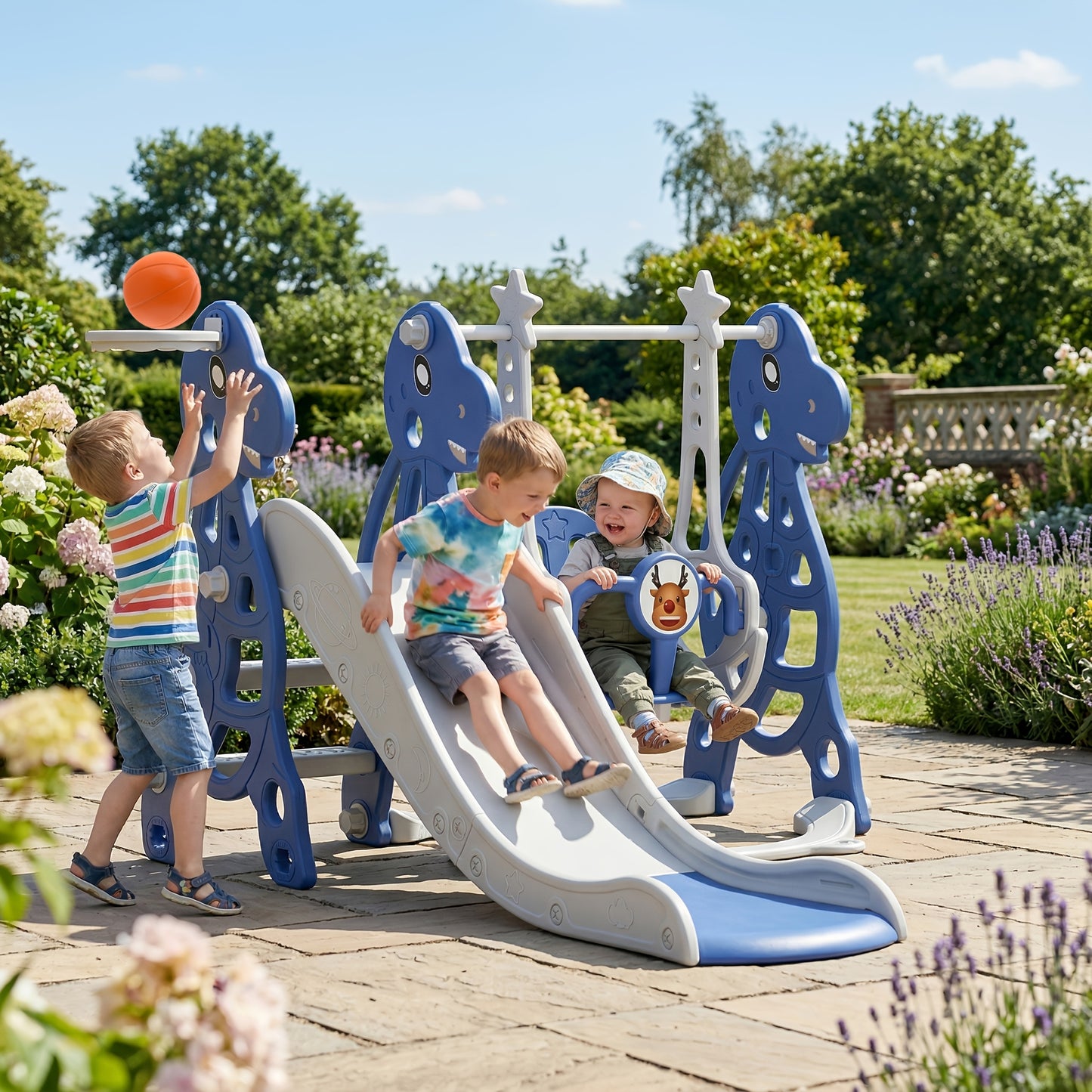 Scivolo per bambini 4 in 1, scivolo per bambini con altalena e canestro da basket, lunghezza scivolo 145 cm, parco giochi multifunzionale per bambini, utilizzabile in interni ed esterni, con pedane e poggiapiedi extra larghi