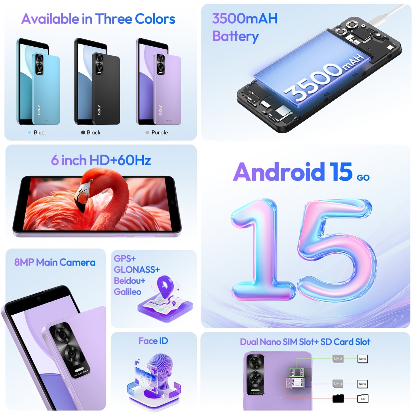 XGODY Smartphone Android 15 con Schermo Touchscreen da 6.0", 7GB RAM + 32GB ROM, 4G LTE Dual SIM, Processore Octa-Core, Telefono Cellulare con Fotocamera da 5MP + 8MP, Sblocco Facciale, Batteria da 3500Mah, con Custodia e Pellicola Gratuiti, Ottimi Regali