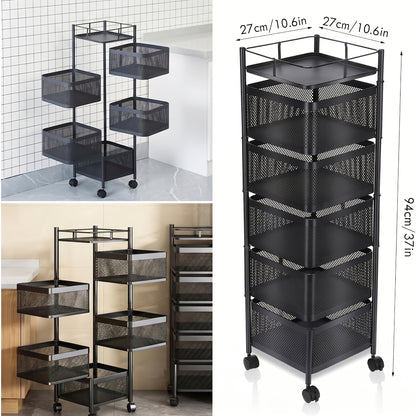 Carrello da cucina universale multifunzionale con ripiano, cestino, contenitore portaoggetti e ruote, organizzatore per scaffale da cucina per cucina, bagno e ufficio, nero, 5 scomparti