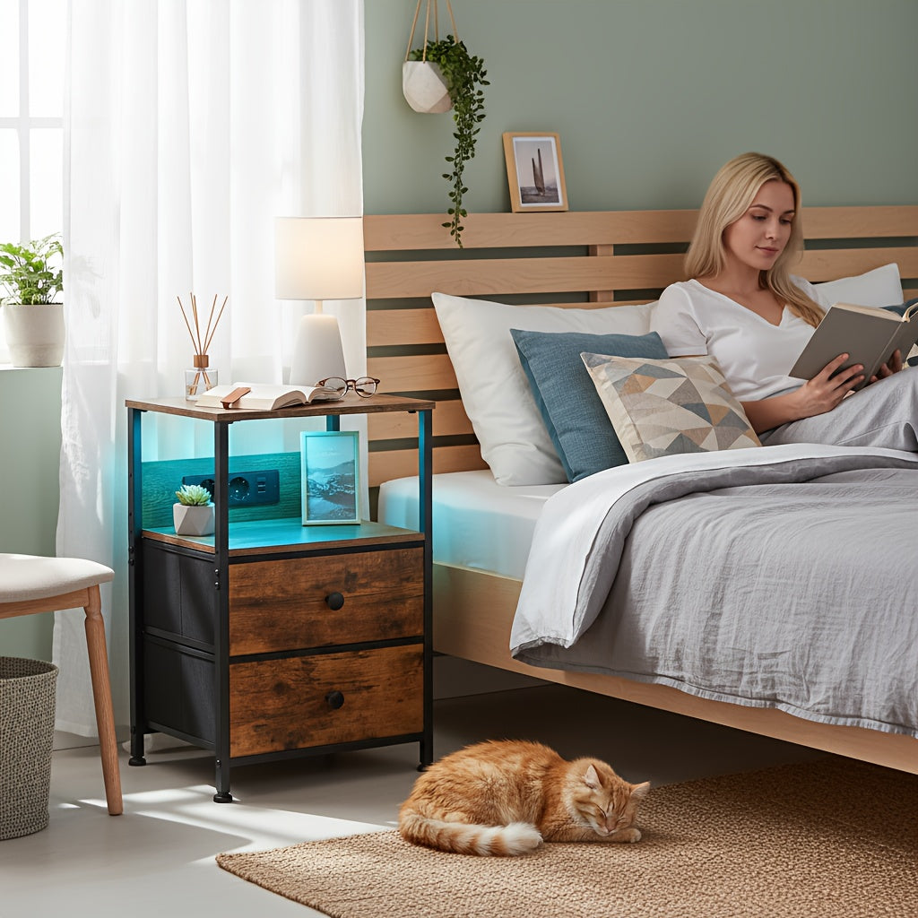 AMHANCIBLE Set Comodino 1/2 pezzi, Cassettiera in Tessuto con Dock di Ricarica, Tavolino da Letto, Comodino con Due Cassetti in Tessuto, Comodino Piccolo per Camera da Letto, Comodino a Quattro Ripiani, Adatto per Camera da Letto, Soggiorno. Nero, Marrone