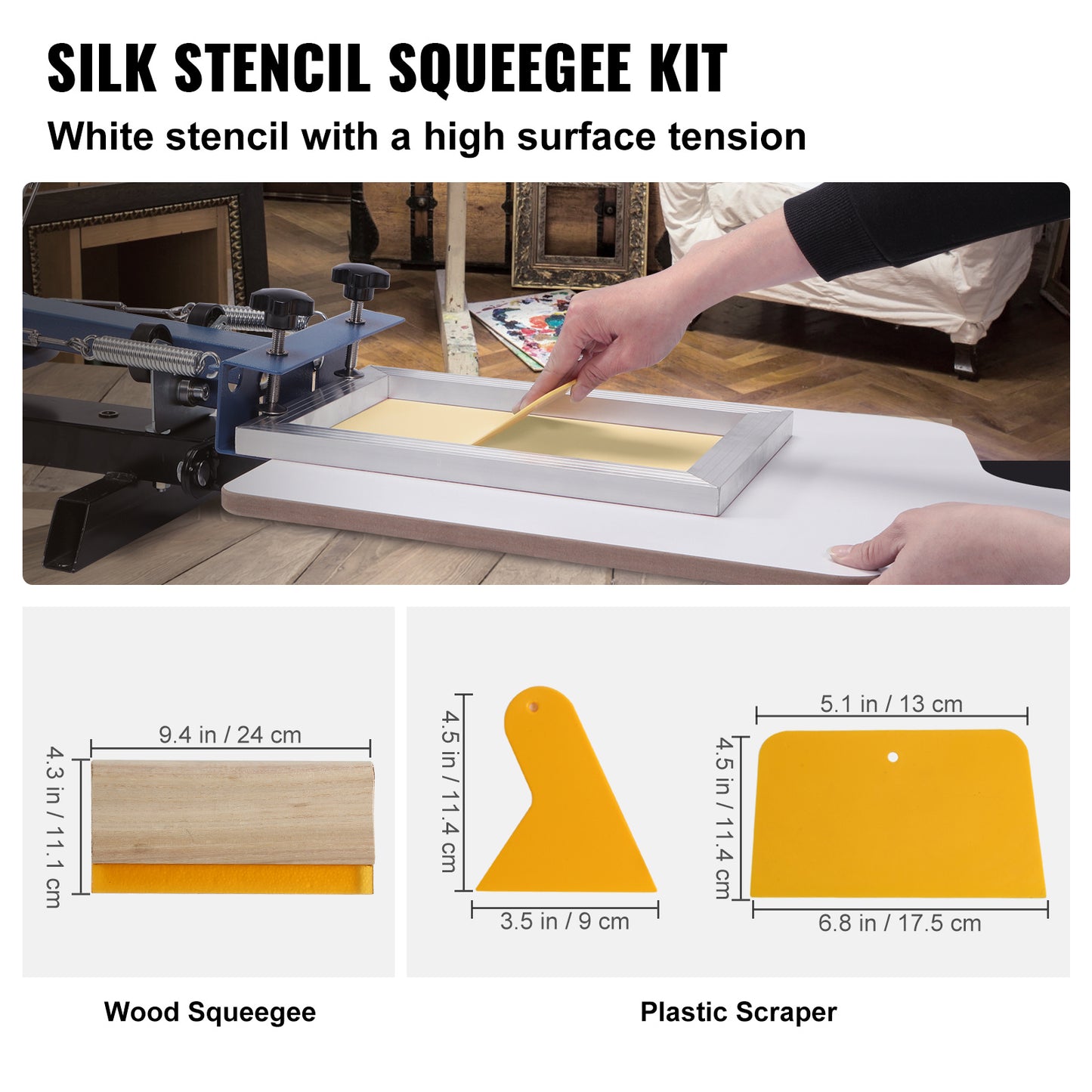 Kit di stampa a schermo VEVOR, 3 cornici in alluminio per stampa a schermo 6x10/8x12/10x14 pollici, 110 rete, 5 glitter e spatole per stampa a schermo e pellicole trasparenti per stampa DIY su magliette