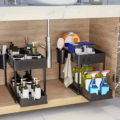 2 Pezzi Organizzatori e Contenitori Sottolavello, Organizer a 2 Ripiani con Ganci, Contenitori e Organizzatori Multiuso Sottolavello per Bagno e Cucina