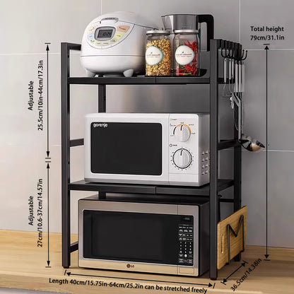 Scaffale per Microonde 3 Ripiani Estendibile con 6 Ganci, Mensola da Cucina, Porta Spezie, Organizzatore per Armadio Microonde, Nero, Estendibile da 40 a 64 cm