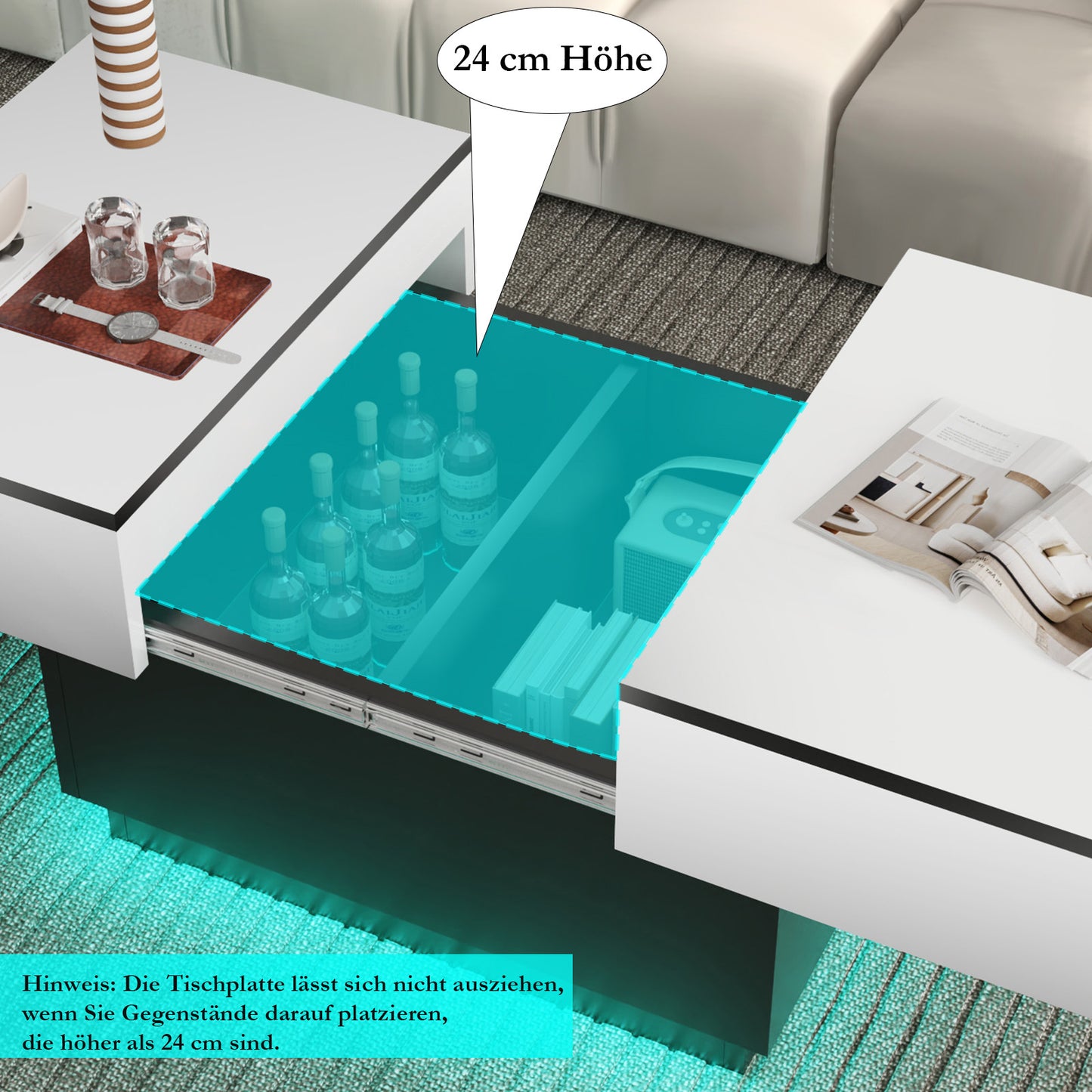 Tavolino da caffè bianco, Tavolino da salotto, Tavolino con 2 ripiani portaoggetti, 80x58x40 cm, Piano estendibile con striscia luminosa RGB, Mobile moderno per soggiorno, Sala riunioni