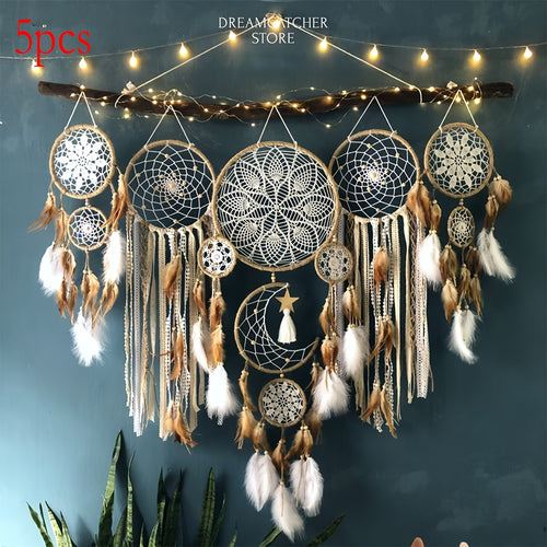 5 Pezzi Grandi Acchiappasogni, Acchiappasogni Lunari Fatti a Mano, Decorazioni Murali Bohémien con Luna e Sole per Sogno Dolce, Decorazione Testiera (Esclusi Luci e Bastoncini di Legno), Segnaletica Decorativa