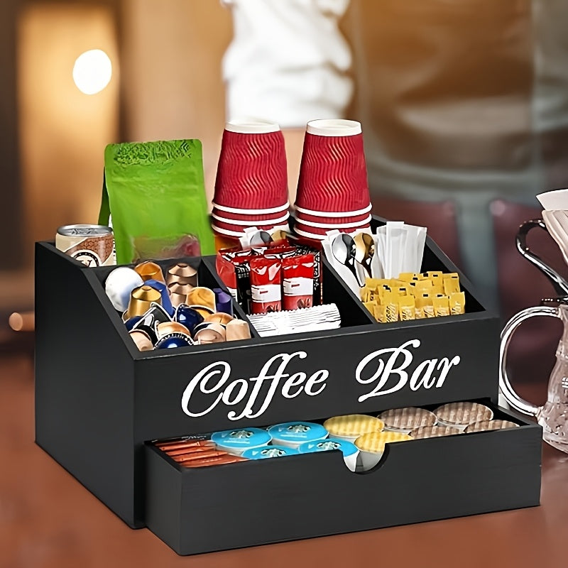 Organizzatore da bar per caffè Deluxe Freestable con cassetto - Legno adatto per cialde di caffè, accessori per tè, bustine di zucchero e formine | Ampia postazione da bancone, ufficio, bar | Organizzatore con cassetto per regali di Natale