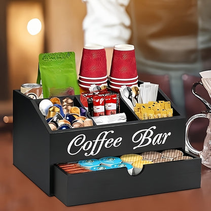 Organizzatore da bar per caffè Deluxe Freestable con cassetto - Legno adatto per cialde di caffè, accessori per tè, bustine di zucchero e formine | Ampia postazione da bancone, ufficio, bar | Organizzatore con cassetto per regali di Natale