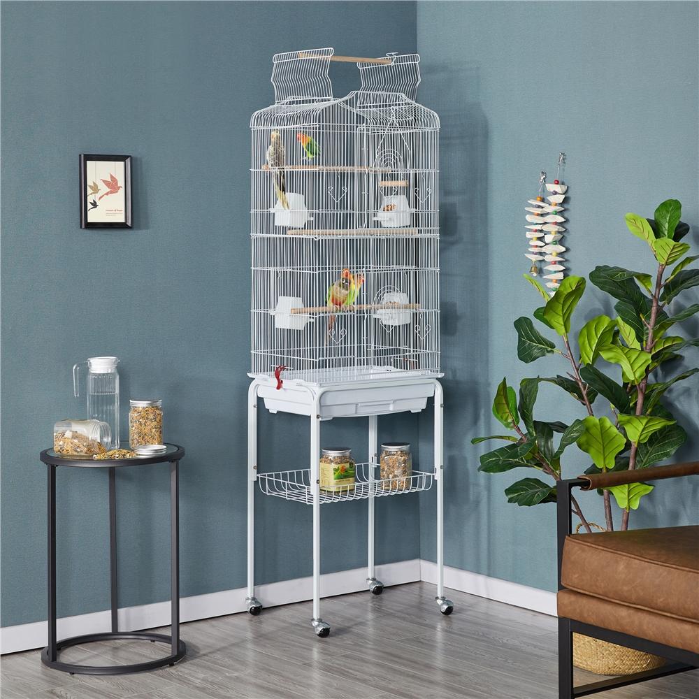 Costoffs Gabbia Voliera in Metallo con Piedistallo Ruote e Tetto Apribile per Uccelli Pappagalli Inseparabili Calopsite e Parrocchetti