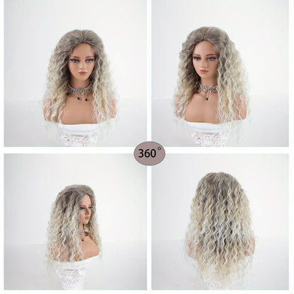 Parrucca riccia da donna sfumata grigio-marrone con radici scure, parte centrale e parte laterale - Fibra sintetica resistente al calore, cuffia traspirante a rete di rose, capelli sintetici dall'aspetto naturale, vestibilità aderente, outfit da festa ann
