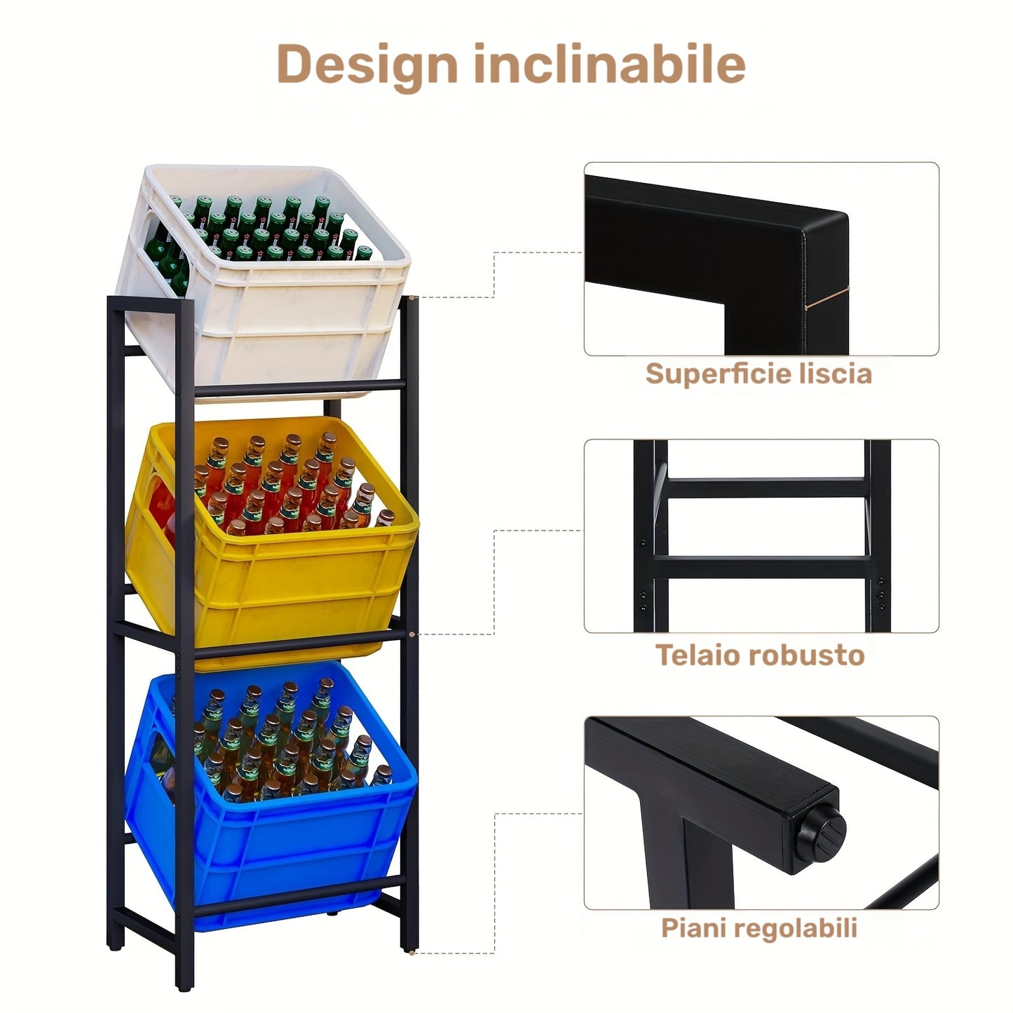 1 pz. Scaffale portabottiglie a 3 ripiani, progettato per contenere 3 casse di bevande, offre un supporto stabile e consente di risparmiare spazio, realizzato in metallo, design inclinato con piedini, finitura resistente alla ruggine, finitura nera