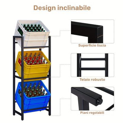 1 pz. Scaffale portabottiglie a 3 ripiani, progettato per contenere 3 casse di bevande, offre un supporto stabile e consente di risparmiare spazio, realizzato in metallo, design inclinato con piedini, finitura resistente alla ruggine, finitura nera