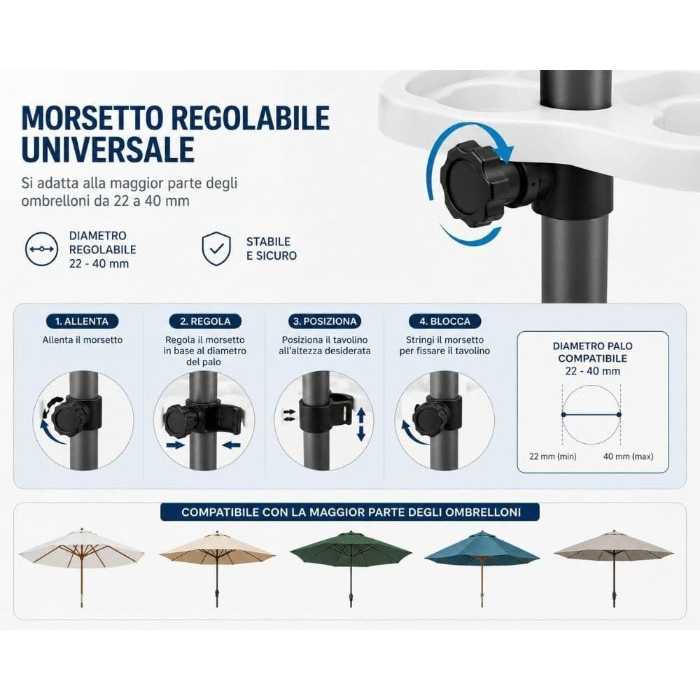 Cecaro Group Tavolino Porta Oggetti per Ombrellone 35x35 cm – Tavolo Universale con Morsetto Regolabile 22-40 mm – Ideale per Mare, Spiaggia, Giardino e Piscina