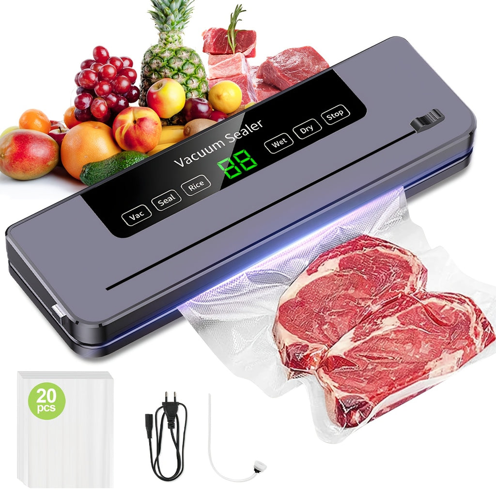 Macchina Sottovuoto con 20 Sacchetti Sottovuoto, 80KPA per la Conservazione di Alimenti Secchi e Umidi, Sistema di Sigillatura Automatico Sigillatrice di Alimenti Veloce e Compatta, Multifunzionale, Potente Macchina Sigillante per la Conservazione di Alim