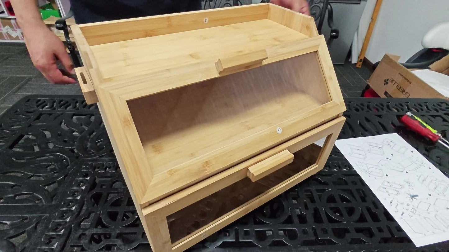 Contenitore per pane in bambù con ventilazione, cassetta per pane grande, 2 ripiani e finestra di visuale, contenitore per pane in legno, panini, contenitore per pane da cucina