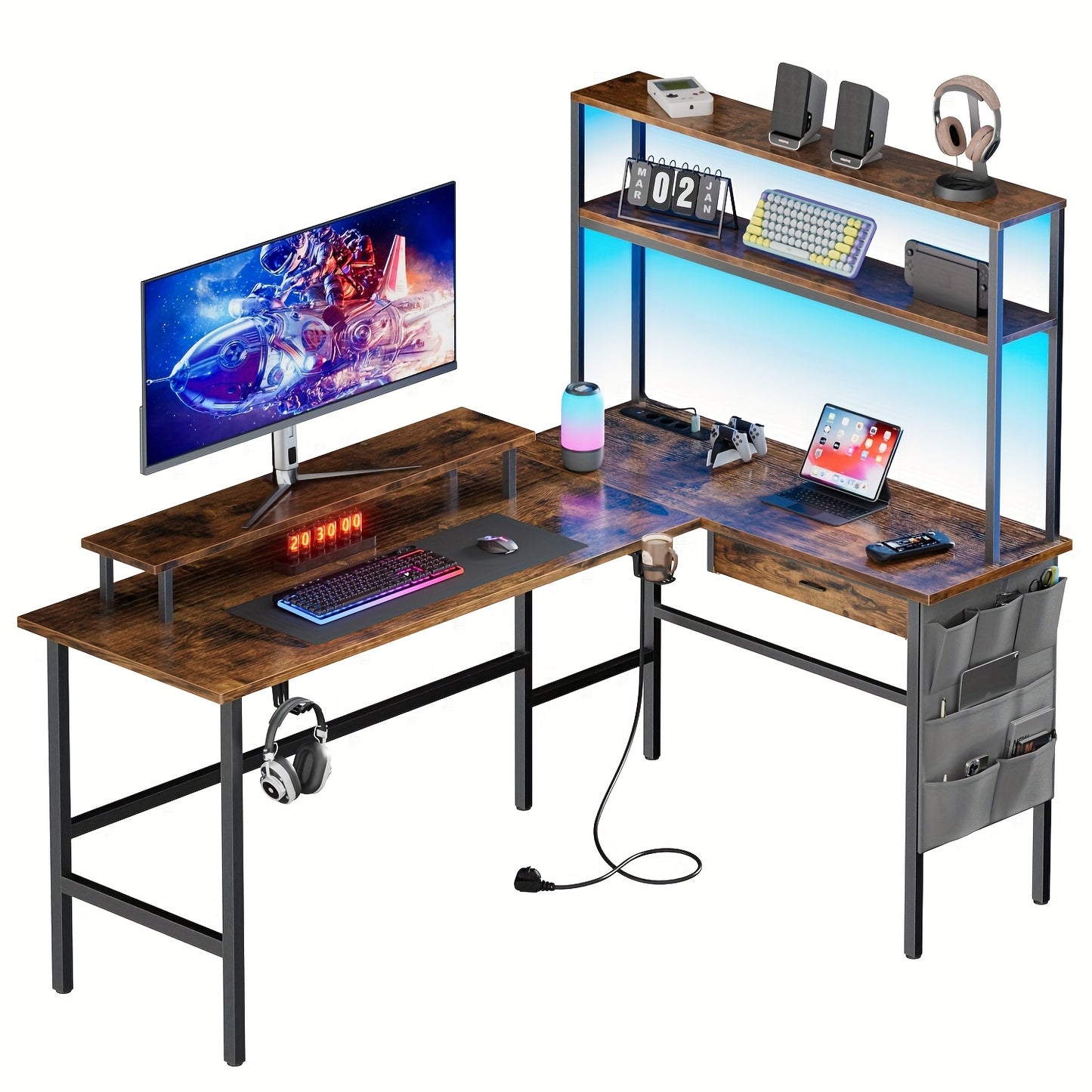 Scrivania da gaming a L con luce LED e presa di corrente - Scrivania da gamer, scrivania per computer reversibile da 59/67 pollici con ripiani portaoggetti e cassetto e borsa, tavolo da gioco angolare con supporto per monitor, ufficio domestico, regali pe