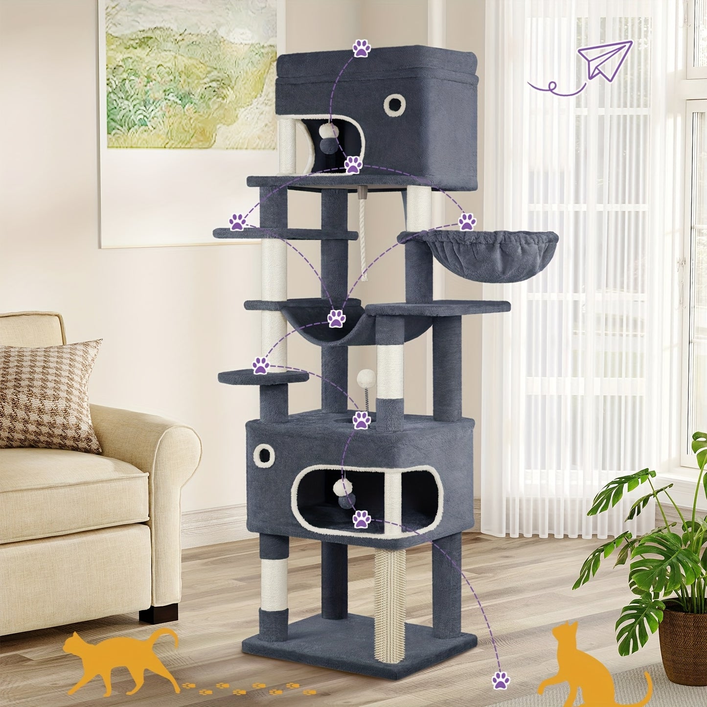 Tiragraffi per Gatti con Ampia Piattaforma, 178 Centimetri, 2 Grotte, 7 Pali per Graffiare, Palline di Peluche, Sedia a Dondolo, Amaca, Adatto a Tutte le Razze di Gatti, Grigio Chiaro, Grigio Scuro/Beige