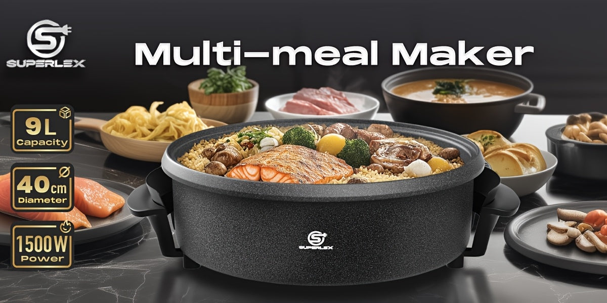 SUPERLEX 40X7Cm Padella Elettrica Multiuso | 1500W Antiaderente con Piastra in Alluminio | Base in Acciaio | Coperchio in Vetro Temperato | Termostato Regolabile | Ampia Capacità di 7L per Pizza, Feste & Cucina Familiare