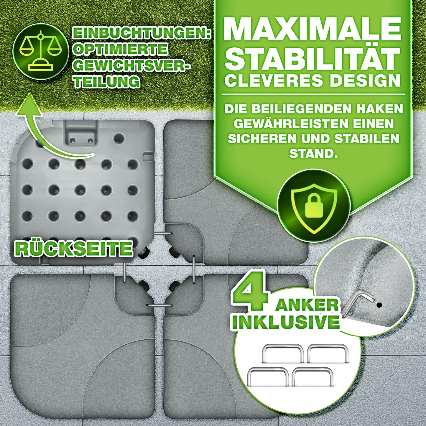 Tillvex® Supporti per Ombrelloni da Sole 60 Litri / 80 Kg - 4 Parti per Ombrellone con Semaforo Incluse Connettori in Metallo | Peso Ombrellone Riempibile con Acqua o Sabbia | Supporto per Ombrellone Resistente alle Intemperie per Balcone Esterno, Terrazz
