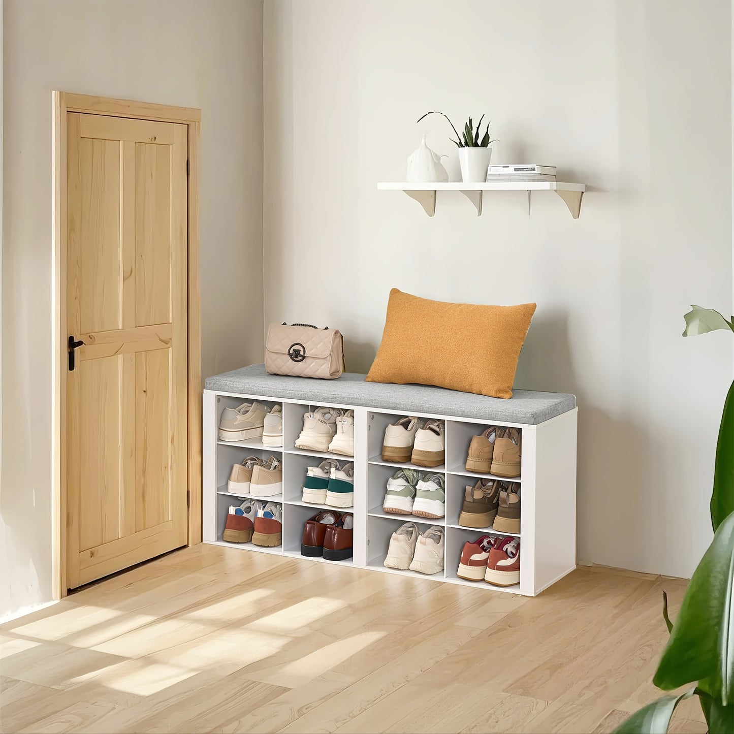 Panchina Portascarpe, Scaffale per Scarpe con Seduta, Panchina con Contenitore, Cuscino, 12 Scomparti, per Soggiorno, Ingresso, Camera da Letto, Bianco-grigio