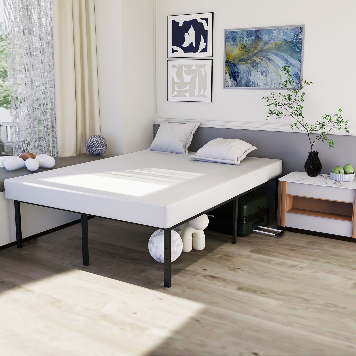 Struttura letto a piattaforma moderna in metallo con doghe robuste in acciaio e spazio di stoccaggio sotto il letto per camera da letto e camera degli ospiti, nero