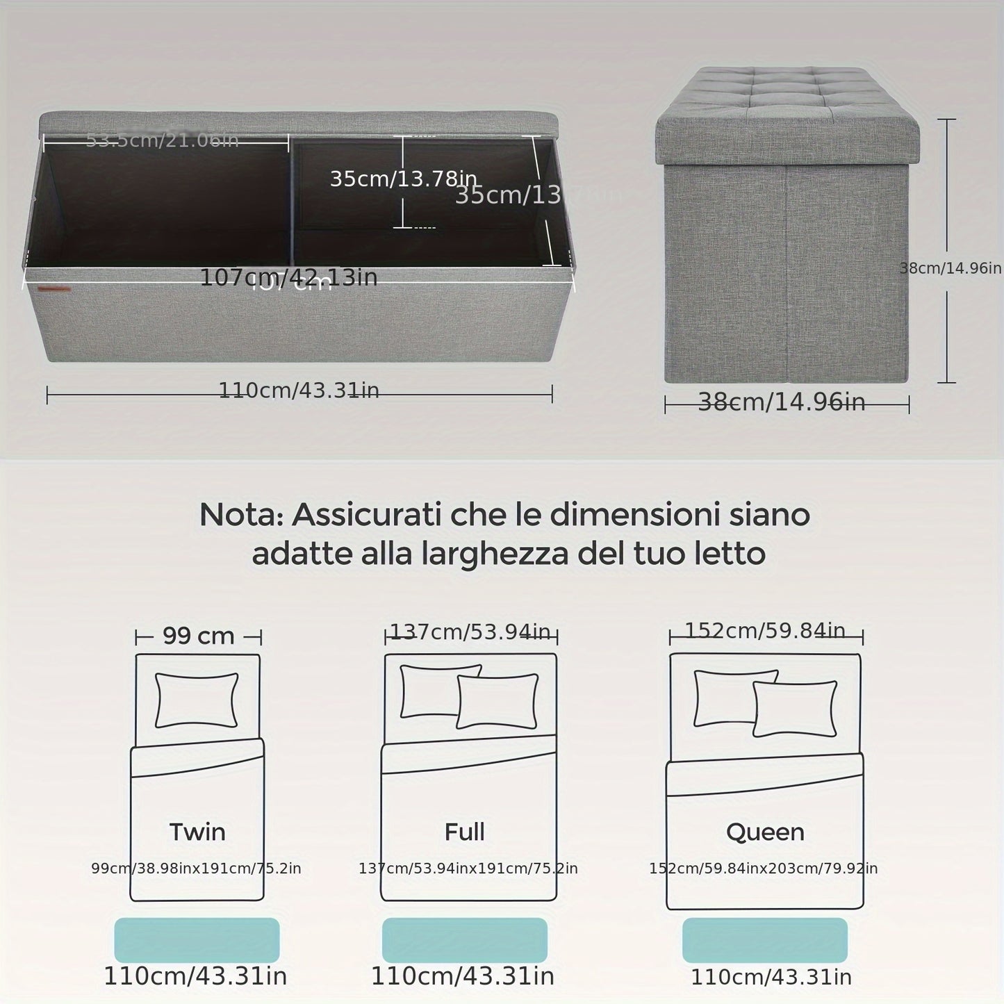 SONGMICS Panca Contenitore, Poggiapiedi Pieghevole, Pouf, 38 X 110 X 38 Cm, Supporta Fino a 300 Kg, per Soggiorno, Camera da Letto, Ingresso