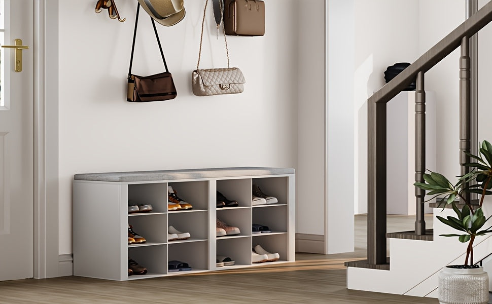 Panca Porta Scarpe, Scarpiera con Sedile, Panca con Contenitore, Cuscino, 12 Scomparti, per Soggiorno, Corridoio, Camera da Letto, Bianco-Grigio