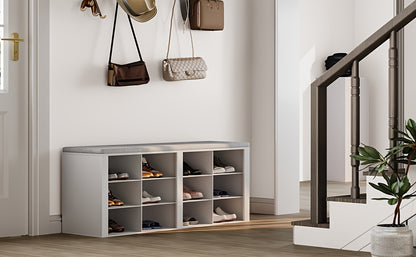 Panca Porta Scarpe, Scarpiera con Sedile, Panca con Contenitore, Cuscino, 12 Scomparti, per Soggiorno, Corridoio, Camera da Letto, Bianco-Grigio