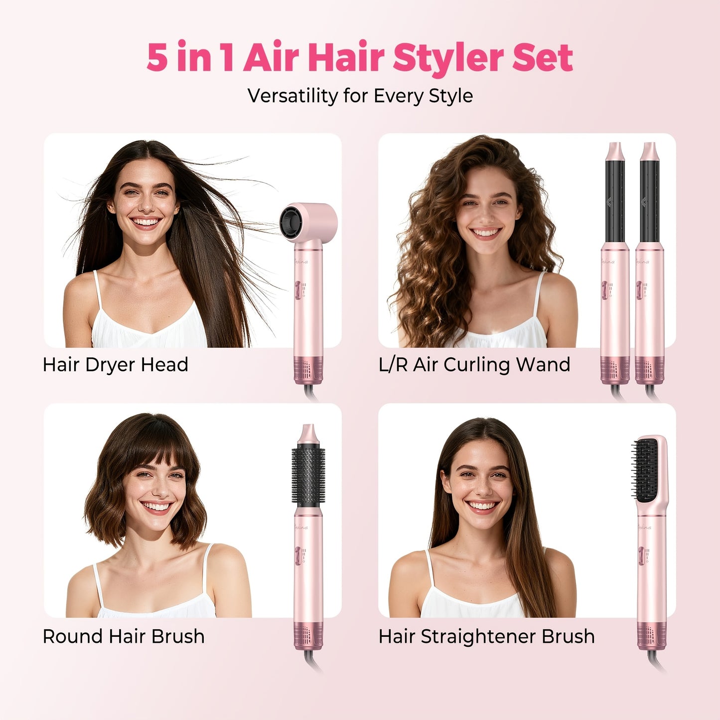 Hairstyler 5-In-1 Hair Styler Airbrush, Set Styler per Capelli con Spazzola Rotonda Asciugacapelli, Styler per Capelli con Aria Calda, Arricciacapelli, Spazzola Termica ad Aria per Capelli, Set Styler per Lisciare, Asciugare, Voluminizzare