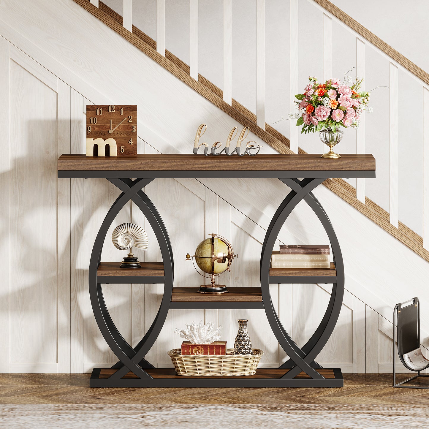 Console Table, 100 X 30Cm Tavolo da Divano Industriale a 4 Livelli con Ripostiglio, Tavoli Accenti in Legno Sottile con Struttura in Metallo per Piccole Stanze, Corridoio, Ingresso, Marrone Rustico.