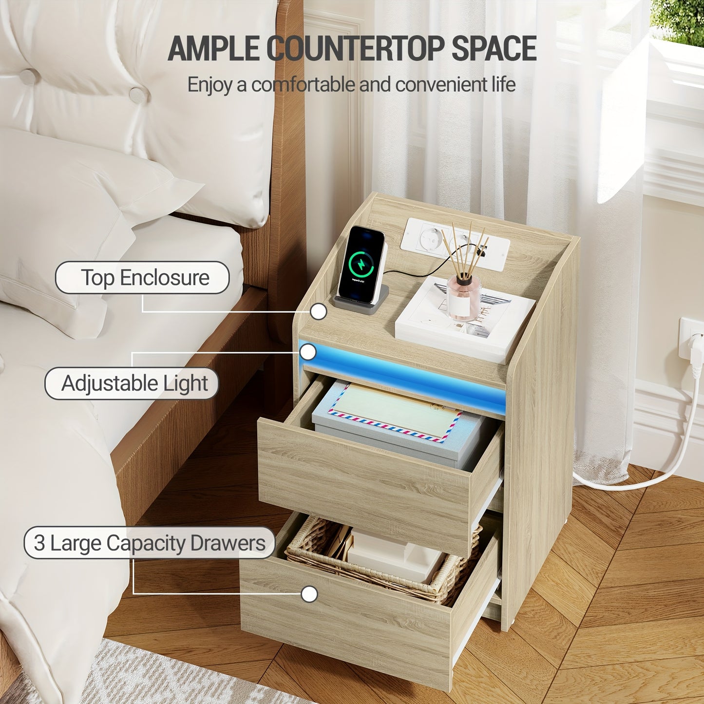 Comodino con 2 Cassetti, Tavolino Laterale, Elegante e Versatile, Ideale per Soggiorno e Camera da Letto, Nero/Bianco