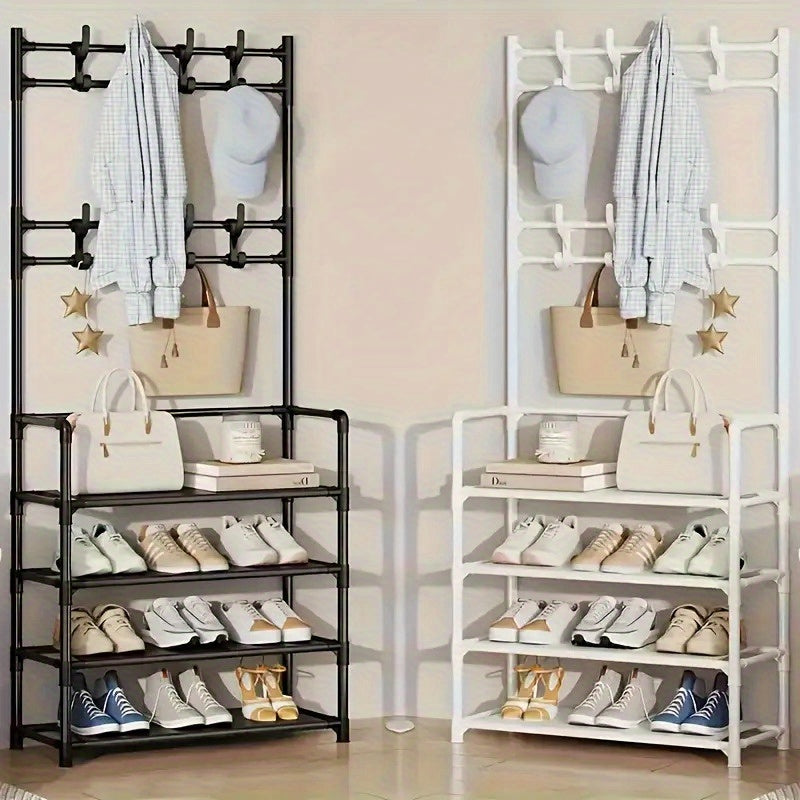 Portaabiti con Scarpiera Organizzatore, 3 in 1 Albero d'Ingresso in Metallo con 5 Ripiani e 8 Ganci Rimovibili, Portaabiti Autoportante per Ingresso con Spazio per Abiti, Scarpe, Cappelli, Borse e Ombrelli